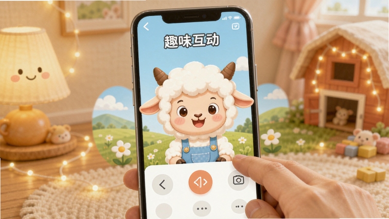 小羊趣帮 趣味互动界面 卡通小羊形象 柔和配色 手机操作场景 温馨氛围