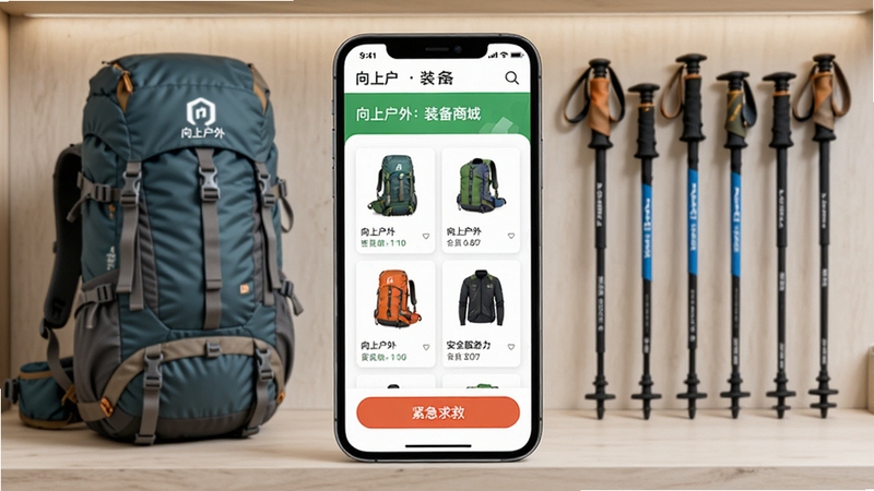 向上户外APP装备商城与安全功能页面展示,手机屏幕显示户外装备商品列表和紧急求救按钮,背景为户外装备陈列场景,登山包登山杖整齐摆放,画面专业整洁,体现向上户外综合服务能力