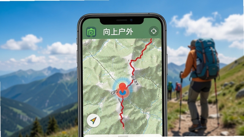 向上户外APP离线地图导航界面展示,手机屏幕显示山区等高线地图与红色轨迹路线,GPS定位图标闪烁,背景为户外登山场景,蓝天白云,画面清晰明亮,突出软件名称向上户外