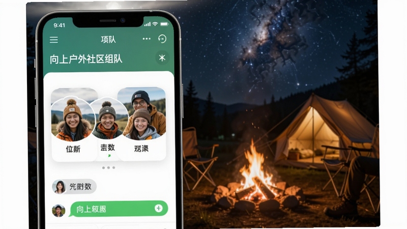 向上户外APP社区组队页面展示,手机屏幕显示多人头像组队卡片和聊天界面,背景为户外露营篝火场景,夜晚星空,氛围温馨,突出向上户外社交属性