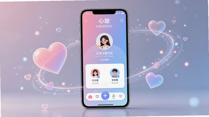 心旋软件主界面全貌展示,画面中央为手机屏幕,屏幕内显示心旋APP的社交匹配界面,带有柔和的粉蓝渐变背景,周围环绕着抽象的爱心与光点元素,整体风格清新现代,适合Boogu模型生成