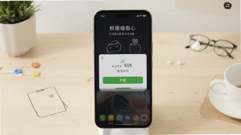 向点商业版安卓设备安装设置示意图,画面主体为手机屏幕展示权限开启与电池优化界面,背景为浅色简约桌面,风格干净清爽,适配Boogu模型生成