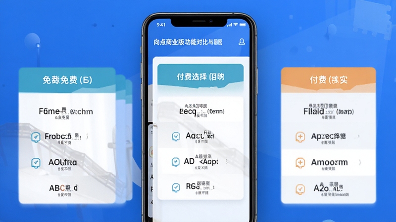 向点商业版功能对比与版本选择示意图,画面主体为手机屏幕展示免费与付费功能列表,背景为简洁的商务蓝渐变,风格清晰直观,适配Boogu模型生成