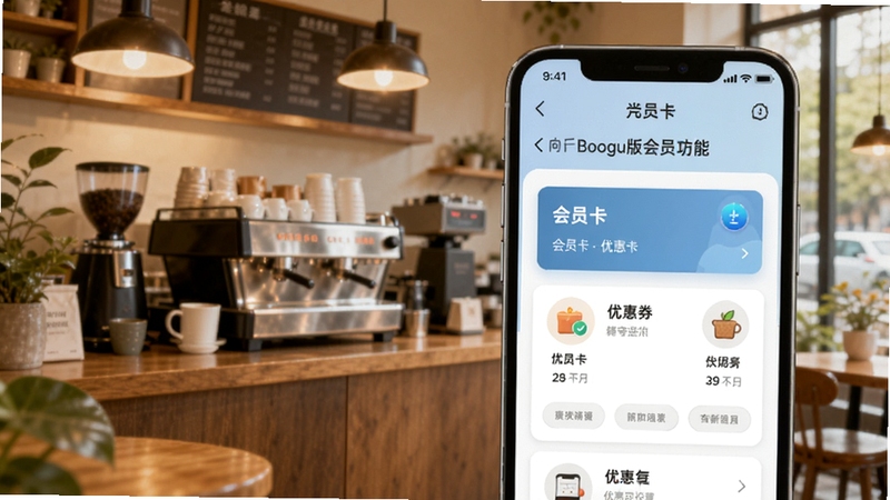 向点商业版会员营销功能界面,画面主体为手机屏幕展示会员卡与优惠券设置页面,背景为温馨的咖啡店场景,风格清新明快,适配Boogu模型生成