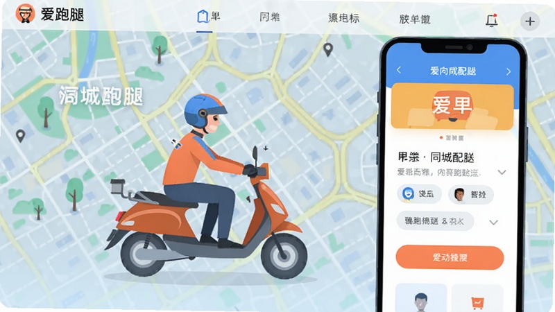 爱跑腿 软件主界面 同城配送场景 骑手接单 城市地图背景 扁平化设计风格 明亮色调