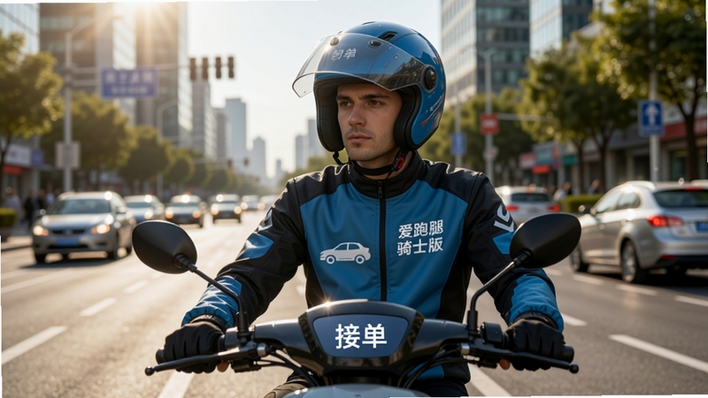 爱跑腿 骑士版 接单界面 骑手装备 电动车 城市道路 阳光明媚 写实风格