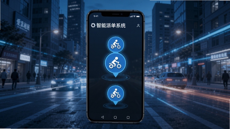 爱跑腿 智能派单系统 手机屏幕显示附近骑手图标 城市街道背景 科技感光线 蓝色调