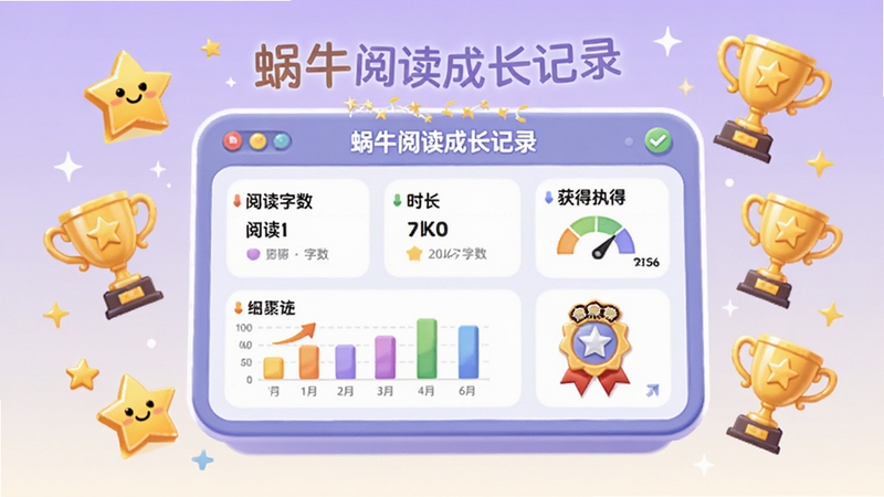 蜗牛阅读成长记录页面,画面中央为一块数据仪表盘,显示阅读字数、时长、获得徽章等统计图表,仪表盘周围散落着金色星星和奖杯图标,背景为淡紫色渐变,风格活泼且具有成就感