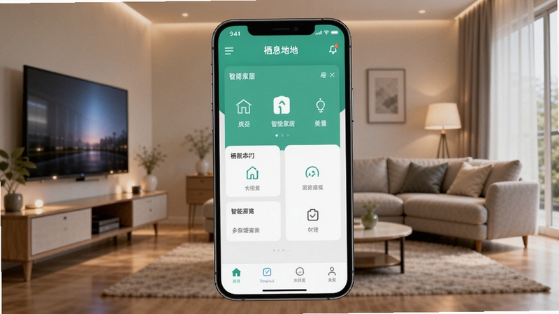 软件栖息地核心界面全貌,画面主体为手机屏幕展示栖息地APP的智能家居控制面板,背景区域为温馨的现代客厅环境,整体风格简洁科技感,适配Boogu模型生成