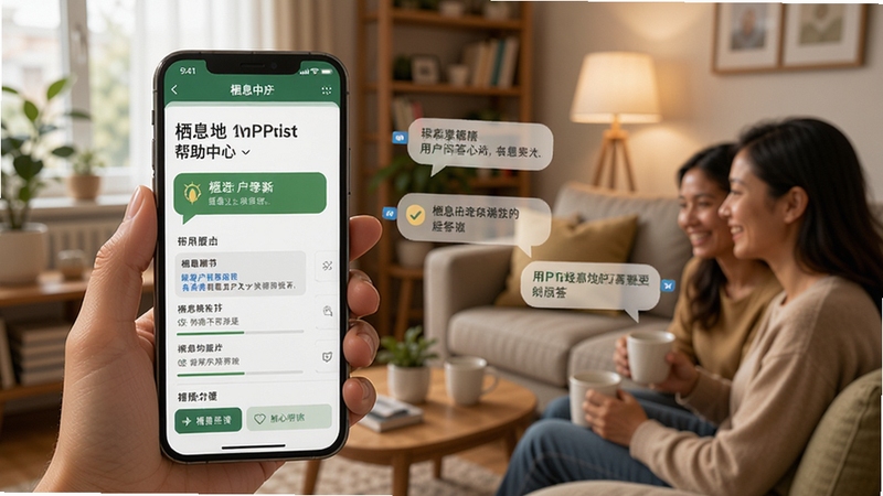 栖息地软件用户问答场景,画面主体为手机屏幕显示栖息地APP帮助中心界面,背景区域为温馨家居环境,体现用户交流与解答氛围