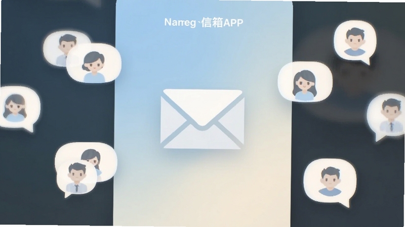 名字信箱APP主界面全貌,画面中央展示一个简约的信封图标与柔和渐变背景,四周漂浮着若干匿名头像气泡,整体色调以浅蓝与米白为主,营造安静私密的书信交流氛围,适配Boogu模型生成