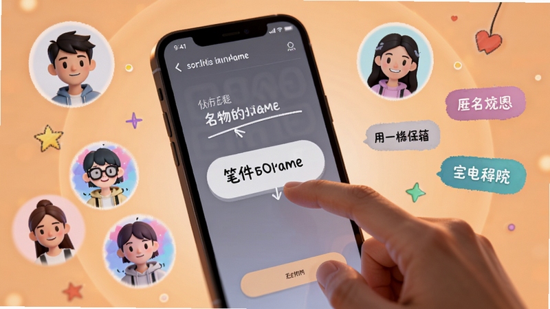 名字信箱匿名笔名创建界面,画面中一只手正在手机屏幕上输入个性化笔名,屏幕周围环绕着多个风格各异的虚拟头像与昵称标签,背景为温暖的浅橙色光晕,突出匿名与自由的视觉感受