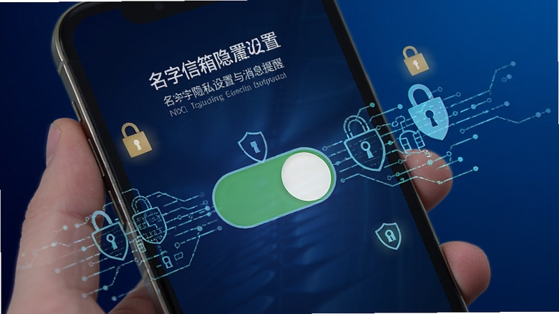 名字信箱隐私设置与消息提醒界面,画面展示手机屏幕上的开关按钮与盾牌图标,周围有锁形符号和加密线条装饰,背景为深蓝色科技感渐变,强调安全与隐私保护