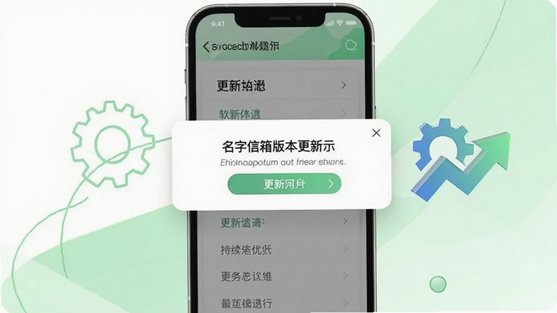 名字信箱版本更新提示弹窗,画面中手机屏幕显示更新日志列表,旁边有齿轮与上升箭头图标,背景为清爽的白色与浅绿色搭配,突出软件持续优化与维护的积极形象