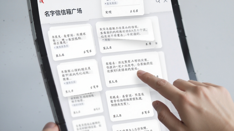 名字信箱信箱广场浏览界面,画面呈现瀑布流式的匿名信件卡片,每张卡片带有简短摘要与笔名,用户手指正在滑动浏览,背景是柔和的浅灰色调,突出发现与探索的浏览体验