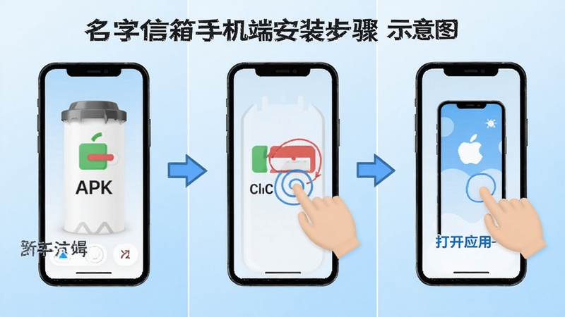 名字信箱手机端安装步骤示意图,画面以三格分镜展示下载APK、点击安装、打开应用的流程,每格配有简洁图标与箭头指引,背景为浅蓝色渐变,突出新手引导的清晰性