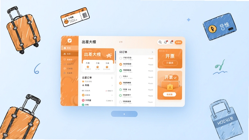 出差大橙 软件界面全景展示图,画面中央悬浮展示出差大橙应用主界面,包含行程卡片、订单列表与开票入口,背景为浅蓝色渐变商务风格,四周点缀行李箱、机票、酒店房卡等手绘元素,整体色调清爽简洁,适合软件下载站配图使用