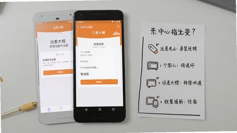 出差大橙 移动端操作指引示意图,画面展示一部安卓手机屏幕,屏幕上呈现出差大橙应用的安装权限设置页面与个人中心信息填写界面,手机旁放置一张手绘风格的步骤说明卡片,背景为浅灰色桌面,整体风格简洁清晰,适合教程类配图