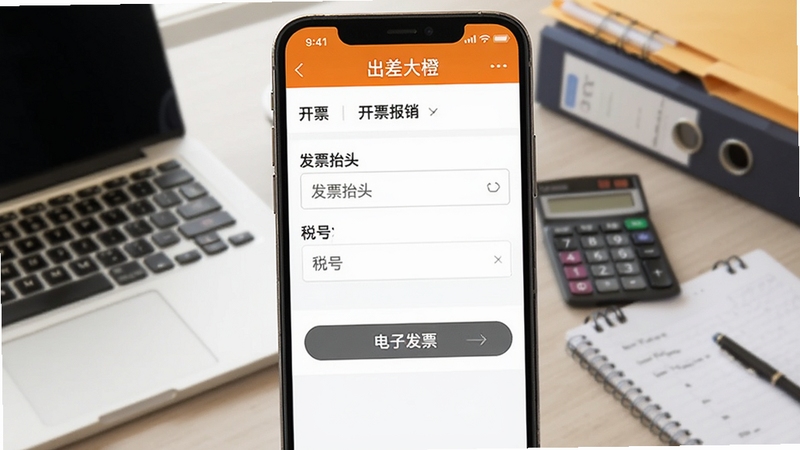 出差大橙 开票报销功能界面特写图,画面中心为手机屏幕展示出差大橙应用的开票申请页面,包含发票抬头输入框、税号填写区域与电子发票下载按钮,背景为办公桌面场景,有笔记本电脑、计算器和文件夹等元素,整体风格写实商务
