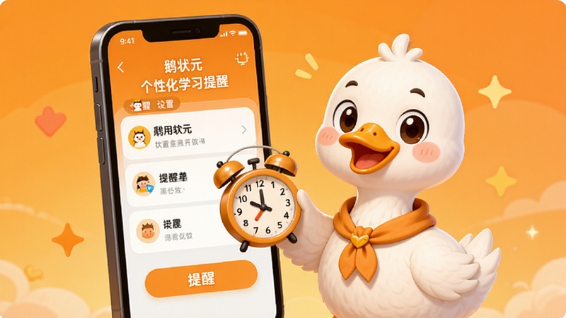 鹅状元个性化学习提醒功能,画面中一只卡通鹅手持小闹钟站在手机屏幕旁,屏幕上显示提醒设置界面,背景为温暖的橙色渐变,整体风格温馨可爱,突出鹅状元软件的贴心提醒功能