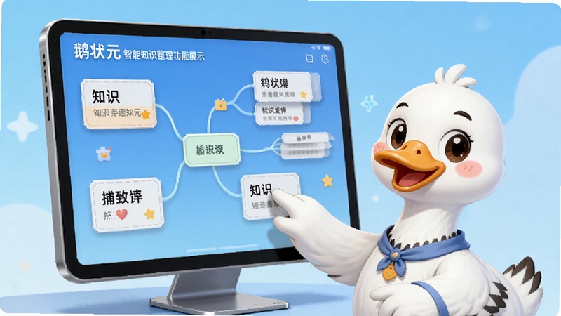 鹅状元智能知识整理功能展示,画面中一只可爱的卡通鹅正在用翅膀点击屏幕上的知识卡片,卡片自动排列成整齐的思维导图样式,背景为浅蓝色渐变,整体风格活泼明快,体现鹅状元软件的智能整理能力