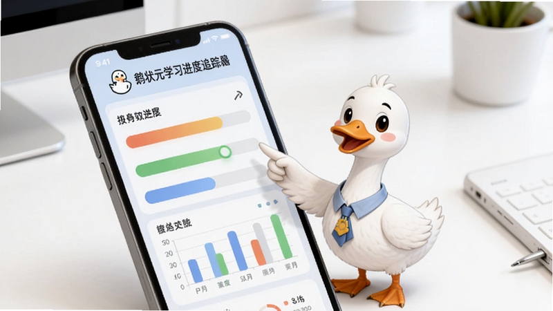 鹅状元学习进度追踪界面,画面显示手机屏幕上呈现彩色进度条与统计图表,一只卡通鹅站在图表旁举起翅膀指向数据,背景为简洁的白色办公桌面,整体色调清新柔和,突出鹅状元软件的数据追踪功能