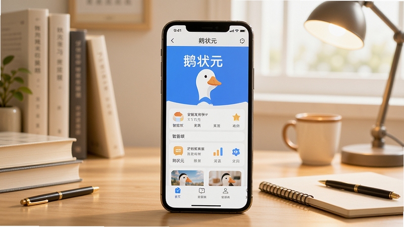 鹅状元软件主界面全貌展示,画面中央为手机屏幕显示鹅状元应用首页,背景为温馨书房场景,书桌上摆放着书籍与文具,光线柔和明亮,整体风格清新简洁,突出学习工具的智能感与亲和力