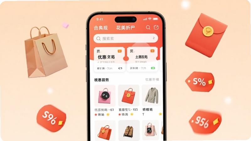 画面中央是一部智能手机,屏幕上显示花美折APP的首页界面,包含搜索框、优惠券卡片和商品列表,背景为浅橙色渐变,周围漂浮着购物袋、红包和折扣标签元素,整体风格清新明亮,适配Boogu模型生成