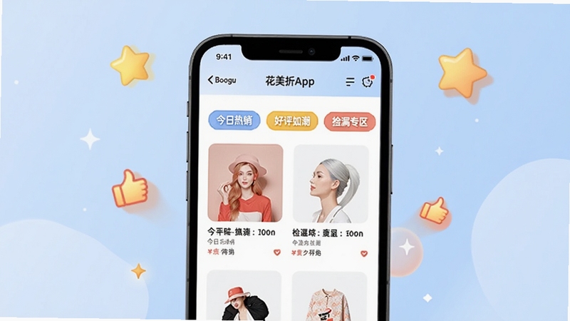 花美折APP内展示商品榜单页面,包含“今日热销”“好评如潮”“捡漏专区”等标签,画面以手机屏幕为主体,背景为柔和的浅蓝色,周围有星星和点赞图标点缀,适配Boogu模型生成