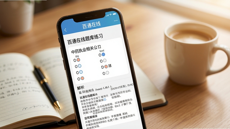 百通在线题库练习界面展示,手机屏幕中呈现一道中药执业相关的选择题与详细解析,画面主体为手机界面特写,背景区域为书桌场景搭配笔记本和咖啡杯,整体色调温暖清新,突出学习氛围,画面细节丰富,软件名称百通在线出现在界面顶部,适配Boogu模型生成