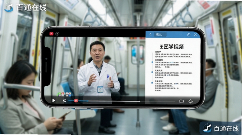 百通在线视频课程播放界面,画面中心为手机横屏播放状态,屏幕中显示医学讲师授课画面与课件内容,背景区域为地铁车厢场景,体现移动学习场景,画面主体坐标居中,背景区域虚化处理,整体色调明亮,软件名称百通在线在界面角落可见,适配Boogu模型生成