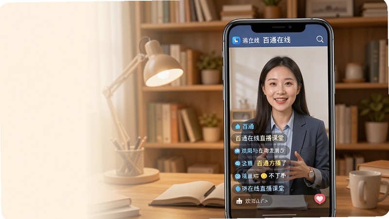 百通在线直播课堂场景展示,画面中心为手机屏幕中讲师直播画面与弹幕互动区域,背景区域为温馨的书房环境,画面主体坐标居中偏右,背景区域左侧留白,整体色调柔和,突出互动学习氛围,软件名称百通在线在直播界面顶部显示,适配Boogu模型生成