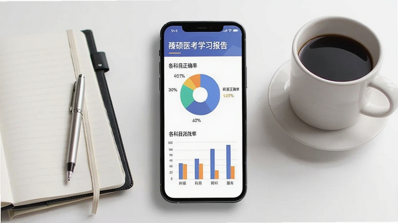 臻硕医考学习报告页面,手机屏幕展示饼状图与柱状图,显示各科目正确率,旁边有笔记本和咖啡杯,桌面整洁,风格现代简约