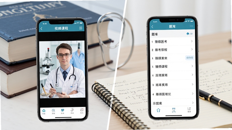 臻硕医考与同类软件对比示意图,两部手机并排展示,左侧为视频课程界面,右侧为题库列表界面,背景有医学书籍和笔记,画面清晰对比感强