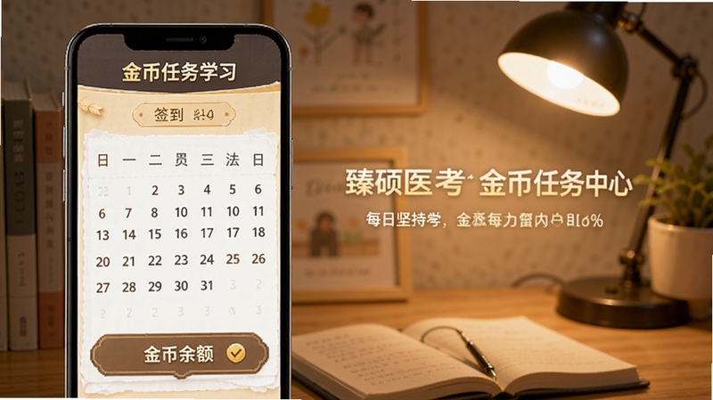 臻硕医考金币任务中心界面,手机屏幕显示签到日历和金币余额,背景是书桌和台灯,氛围温馨,强调每日坚持学习的场景