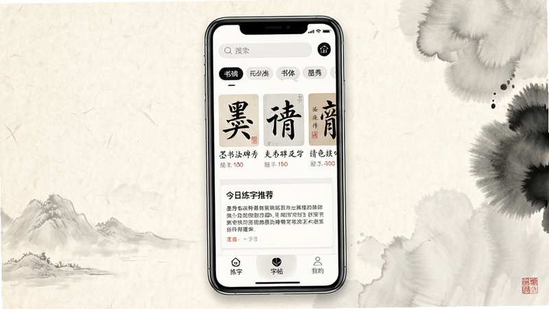 ī���鷨����������չʾ����������Ϊ�ֻ���Ļ����Ļ�ڳ���ī���鷨APP����ҳ���֣��Ϸ�������������������ǩ���в�չʾ���鱮������ͼ����������Ƽ����ײ�Ϊ���֡��������ҵ����󵼺���ť������Ϊ������ֽ������ˮī��ȾЧ��������ɫ�����װס�ī�ڡ�ǳ��Ϊ�����������ţ�ͻ���鷨ѧϰ���ߵ�רҵ��Χ