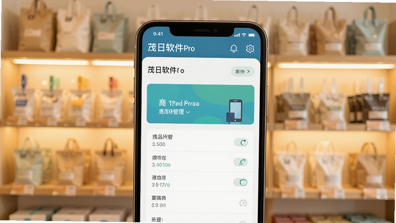 茂日软件Pro商品库存管理界面手机屏幕展示,画面主体为手机屏幕特写,背景为整洁的店铺货架,柔和暖光,扁平化UI风格