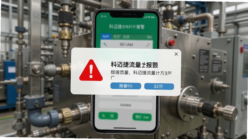 手机弹出科迈捷流量计的报警提示窗口,红色警示图标醒目,背景为工业设备特写,突出安全提醒功能
