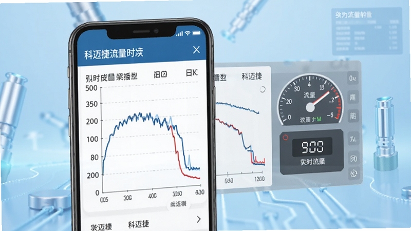 手机屏幕上显示科迈捷流量计的实时数据曲线图与数字仪表,界面简洁专业,背景为淡蓝色渐变科技风格