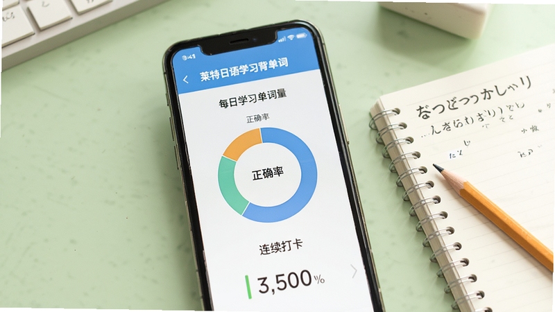 莱特日语学习背单词学习报告与数据统计界面,手机屏幕展示每日学习单词数量、正确率环形图与连续打卡天数,背景为淡绿色学习桌面,旁边放置日语笔记本与铅笔,整体画面明亮温馨