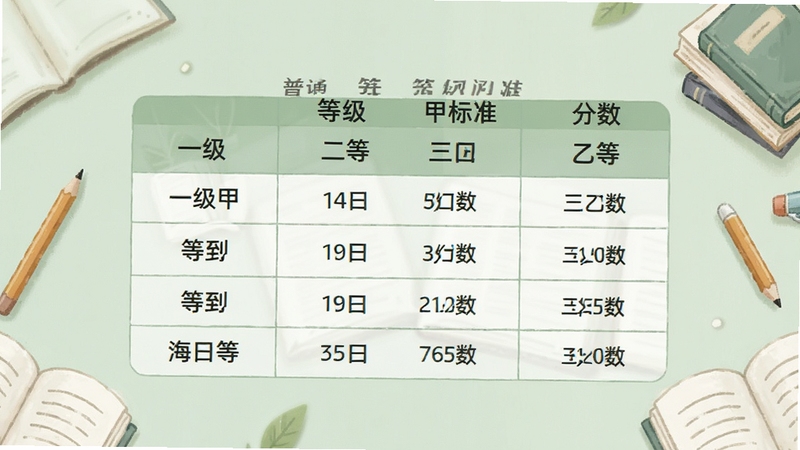 普通话等级测试等级标准分数对照图表,画面展示一张清晰的等级分数表格,包含一级甲等到三级乙等的分数区间,背景为柔和浅绿色学习氛围,周围点缀铅笔与书本元素,整体风格简洁专业,适配Boogu模型生成