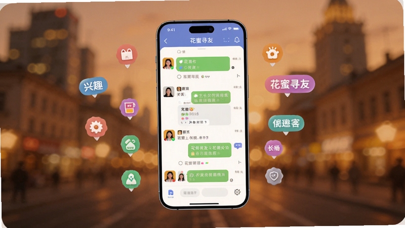 ��������Ϊһ�����������ֻ�����Ļ������ʾ����Ѱ��APP�������б����棬����Ϊ���ůɫ���ĳ���ҹ���黯��ߣ��ֻ���ΧƯ���Ŵ�����Ȥ��ǩ�Ĳ�ɫСͼ�꣬�����������ִ�������Booguģ�����ɡ�