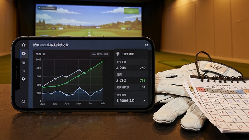 泛美高尔夫成绩记录界面,手机屏幕显示折线图与数据统计面板,旁边放着高尔夫手套和记分卡,背景为室内高尔夫模拟练习场,色调温暖专业,突出数据管理与个人成长主题