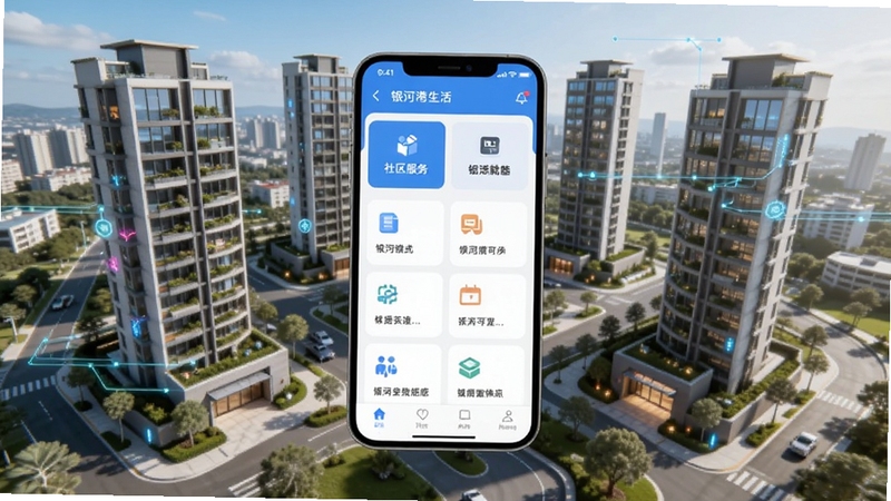 银河港生活 软件主界面全景展示图,画面中央为手机屏幕内显示社区服务功能模块网格,背景区域为现代高层住宅小区俯瞰视角,整体色调明亮清新,科技感与生活气息融合,适配Boogu模型生成