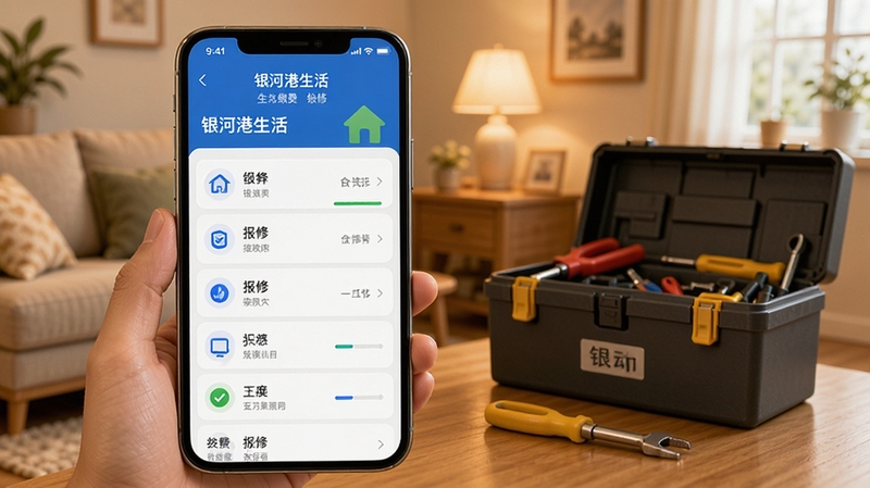 银河港生活 生活缴费与报修功能界面,手机屏幕展示缴费项目列表和报修工单进度条,背景为温馨家居环境与工具箱元素,画面细节丰富,体现便捷服务体验