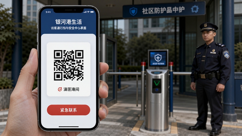 银河港生活 访客通行码与安全中心界面,手机屏幕显示二维码通行证和紧急联系按钮,背景为社区门岗与安保人员,画面风格稳重可靠,突出安全防护主题