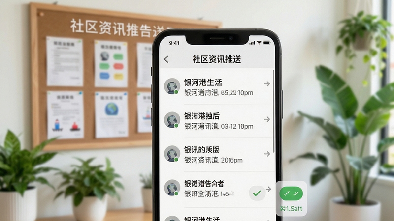 银河港生活 社区资讯推送界面特写,手机屏幕显示通知列表与已读标记按钮,背景为社区公告栏与绿植环境,画面风格简洁明快,突出信息触达的即时感