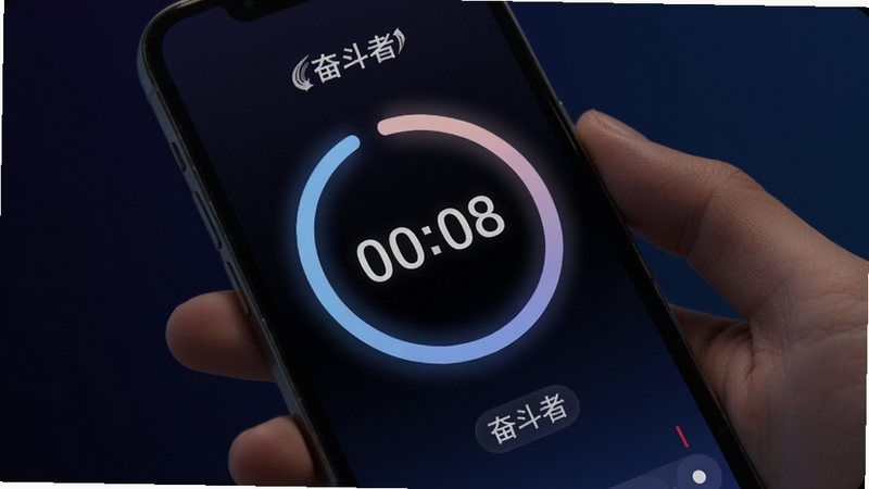 奋斗者专注计时功能展示,手机屏幕中央显示倒计时圆环,周围有柔和的呼吸灯效果,背景为深色渐变,营造沉浸式专注氛围,画面中带有奋斗者字样