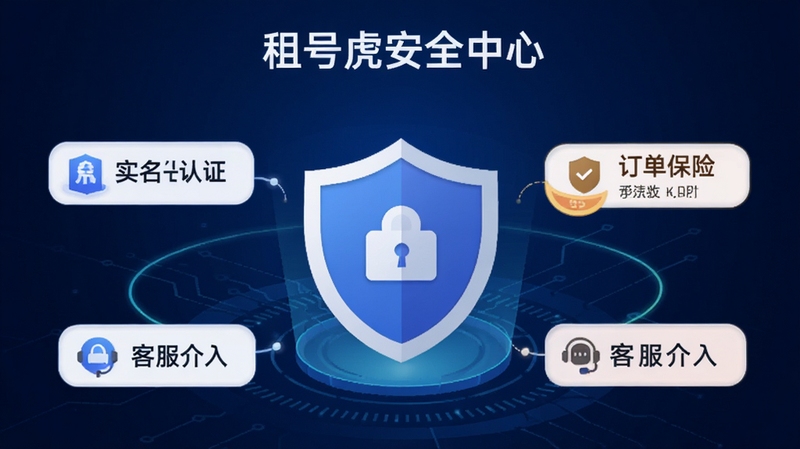 租号虎安全中心页面,画面展示盾牌图标位于中央,周围环绕实名认证、订单保险、客服介入等文字标签,背景为深蓝色科技感渐变,扁平化图标设计,传递安全可靠视觉感受,高清渲染