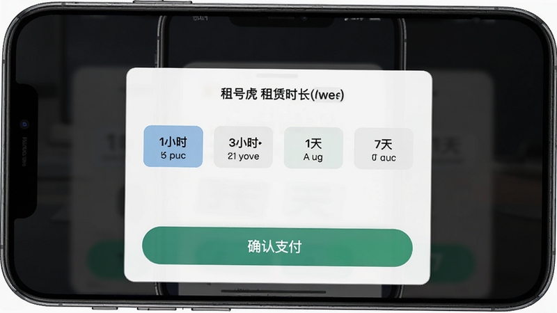 租号虎租赁时长选择界面,画面中央弹出时间选择面板,包含1小时、3小时、1天、7天等选项,背景为深色半透明遮罩,底部有确认支付按钮,整体界面清晰易操作,适配手机屏幕,高清质感